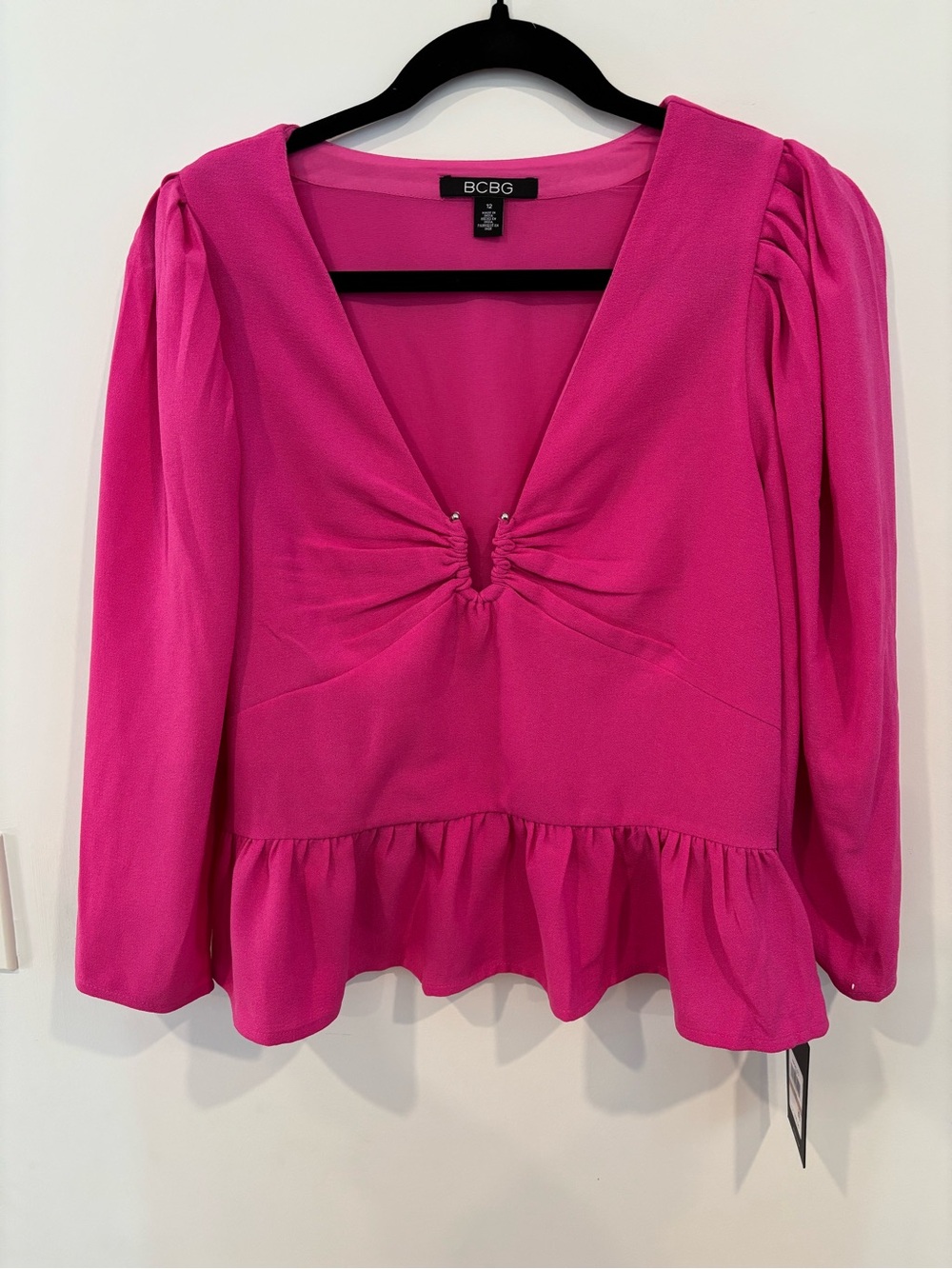 BCBG Pink V-Neck Peplum Blouse
